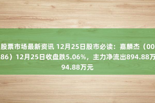 股票市场最新资讯 12月25日股市必读：嘉麟杰（002486）12月25日收盘跌5.06%，主力净流出894.88万元