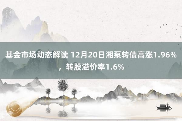 基金市场动态解读 12月20日湘泵转债高涨1.96%，转股溢价率1.6%